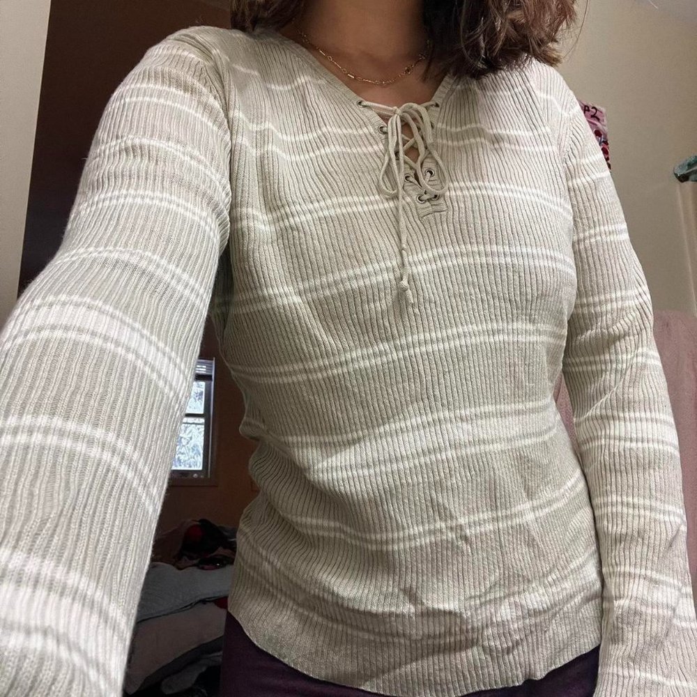 gloria vanderbilt corset tie up long sleeve striped shirt y2k mid 2000s winter
